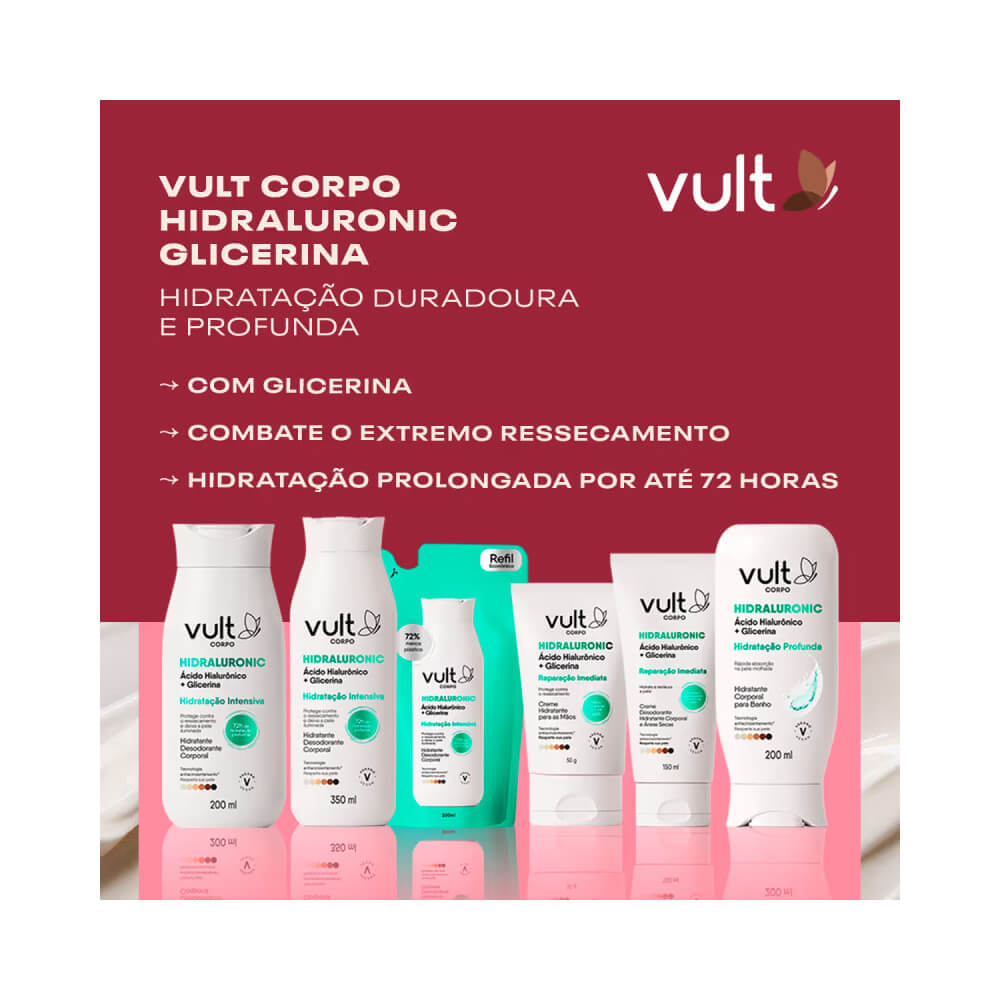 Linha Vult Corpo Hidraluronic com vários produtos alinhados em fundo rosa